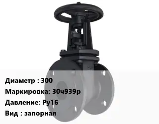 Задвижка чугунная канализационная 300 30ч939р Ру16 запорная